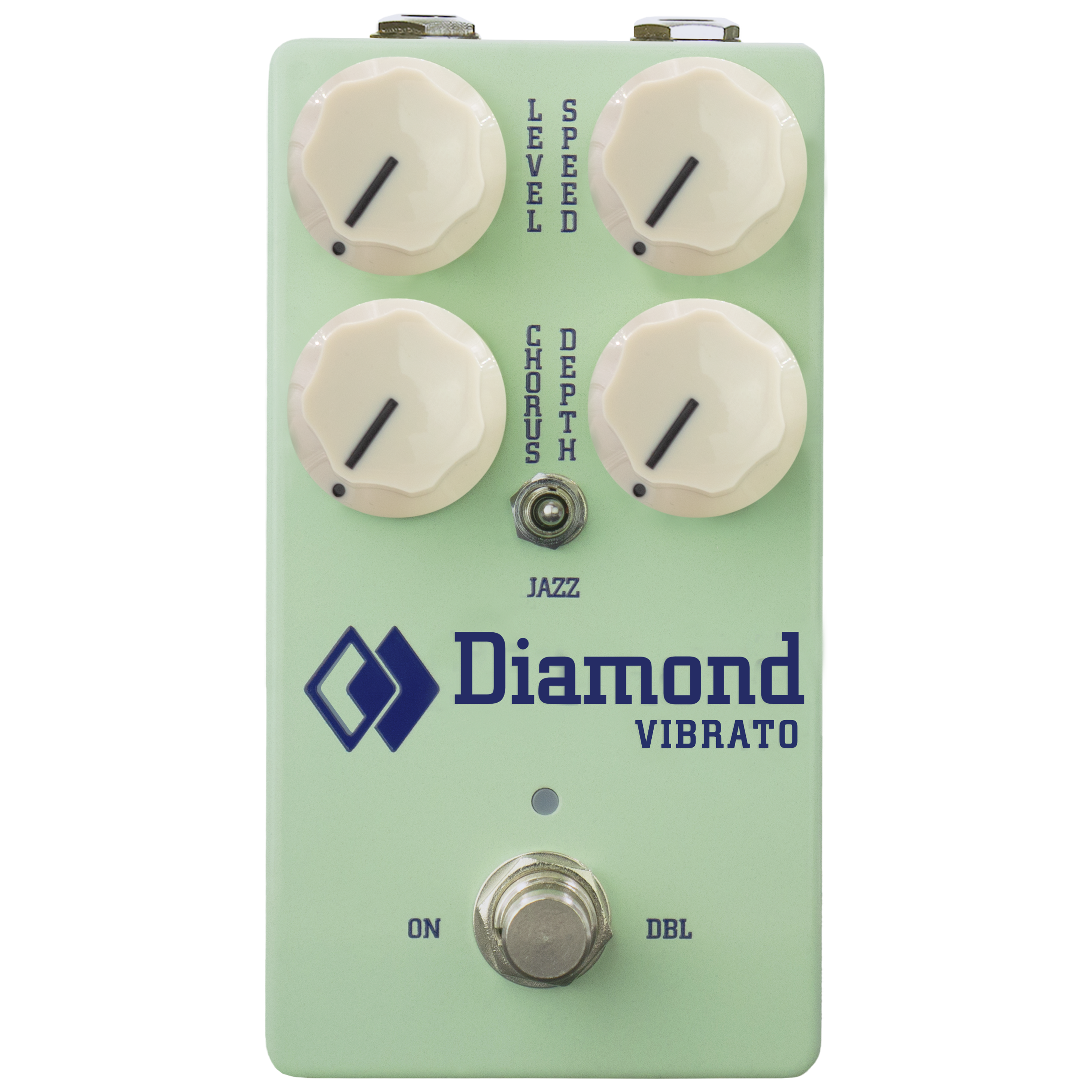Light green guitar effects pedal with four cream knobs and a footswitch labeled Diamond Vibrato.