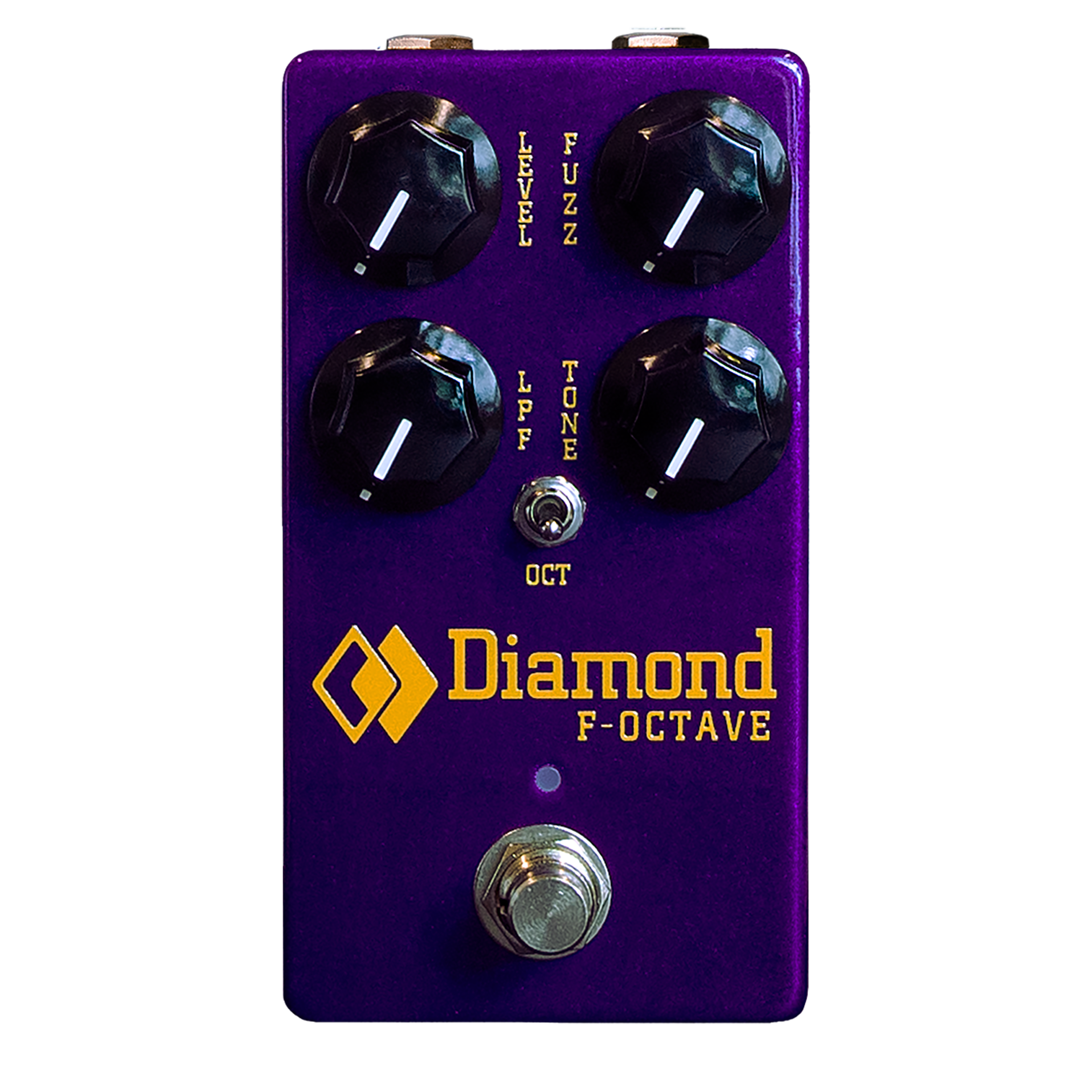 Purple guitar effects pedal with four black knobs, one toggle switch, and a footswitch labeled Diamond F-OCTAVE.