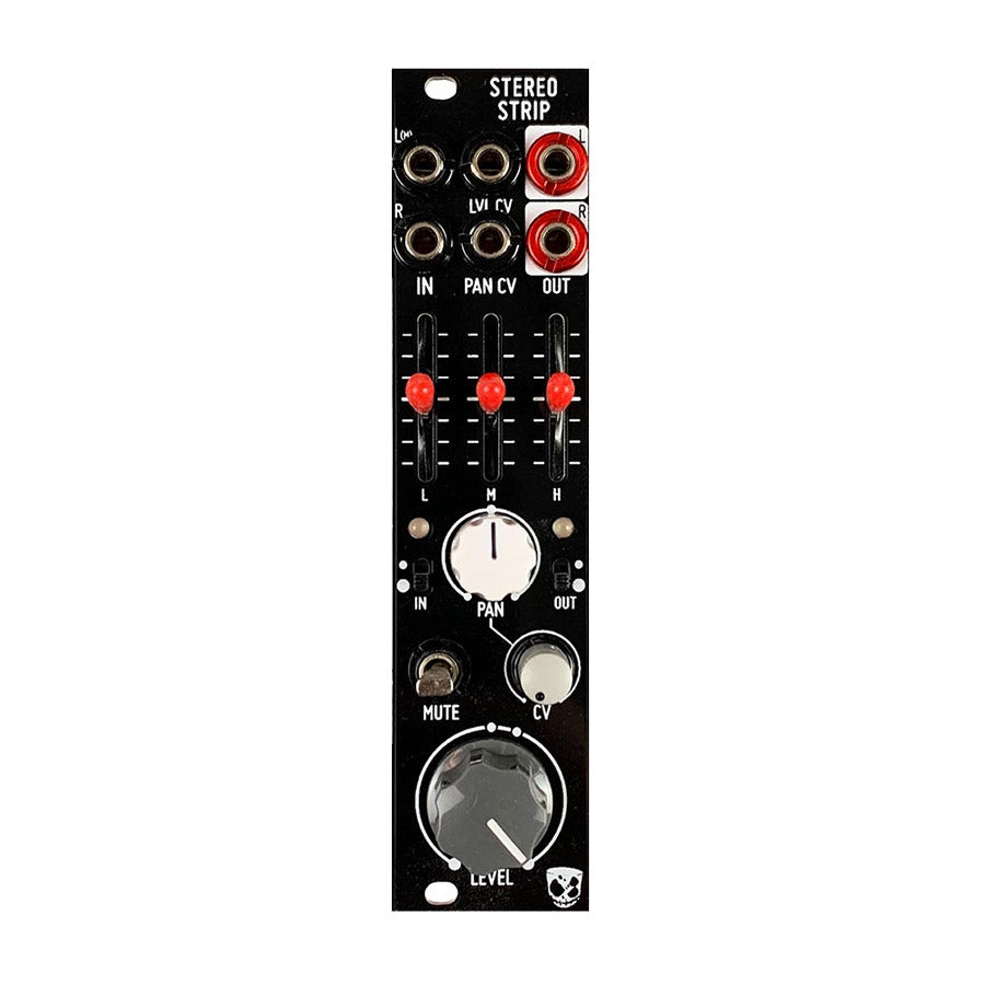Black Eurorack module with sliders, knobs, toggle switch, and audio plus RCA jacks labeled Stereo Strip.