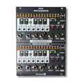 Black Division 6 Dual Mini Sequencer module with buttons, jacks, and orange LED step indicators.