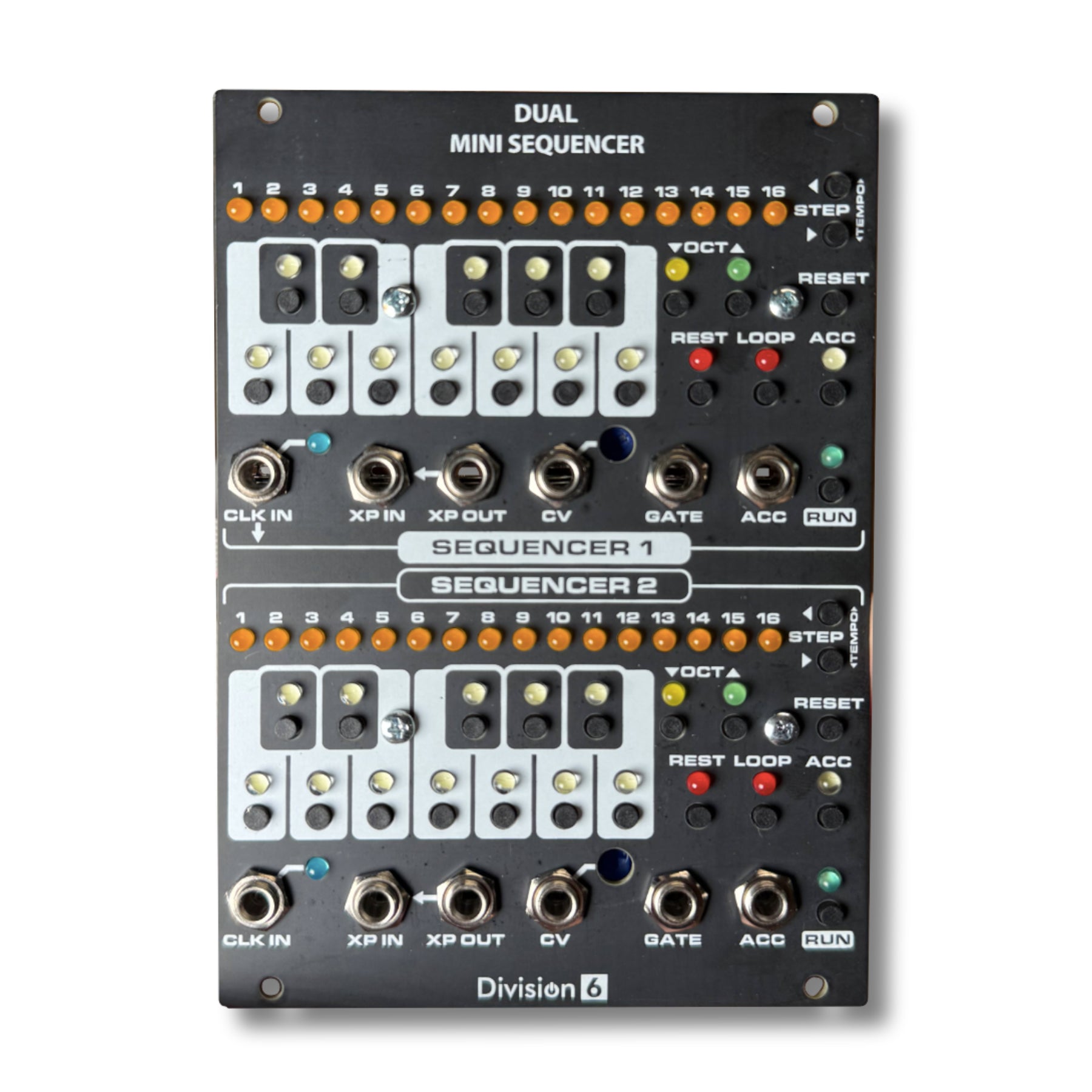 Black Division 6 Dual Mini Sequencer module with buttons, jacks, and orange LED step indicators.