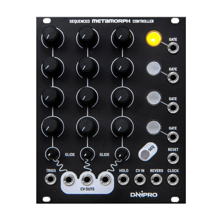 Black eurorack module with three vertical rows of knobs, multiple jack sockets, and a yellow indicator light.