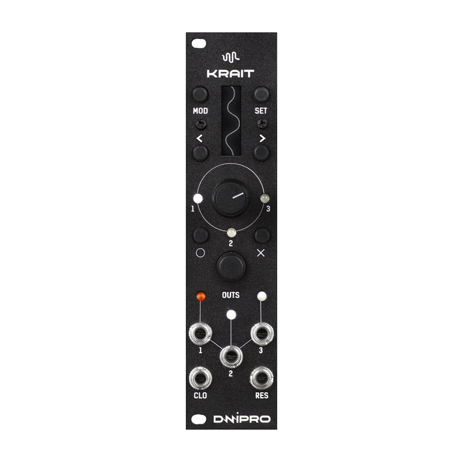 Black modular eurorack panel with knobs, buttons, LED indicators, and 3.5mm jacks labeled CLO and RES