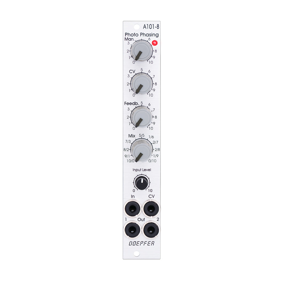 Doepfer A-101-8 module with four knobs, an input level dial, four 3.5mm audio jacks, and a red LED indicator on white panel.