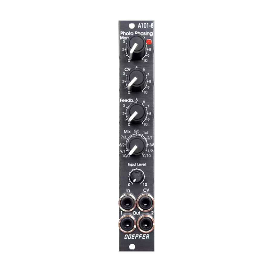 Front view of a Doepfer A-101-8V Photo Phasing eurorack module with knobs and four jack inputs/outputs.