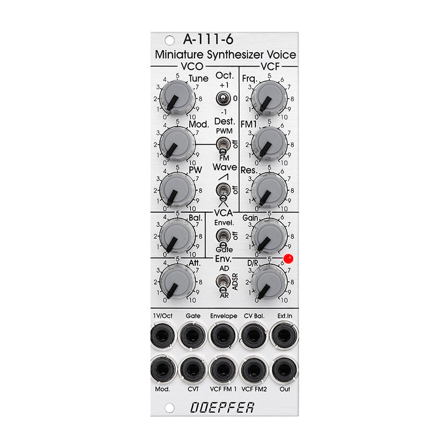 Doepfer A-111-6 synthesizer module with knobs, switches, and multiple 1/8 inch jacks on front panel.