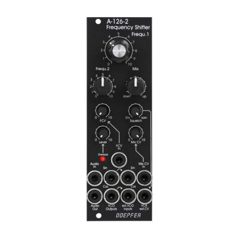 Black Doepfer A-126-2 Frequency Shifter eurorack module with multiple knobs and patch connectors.