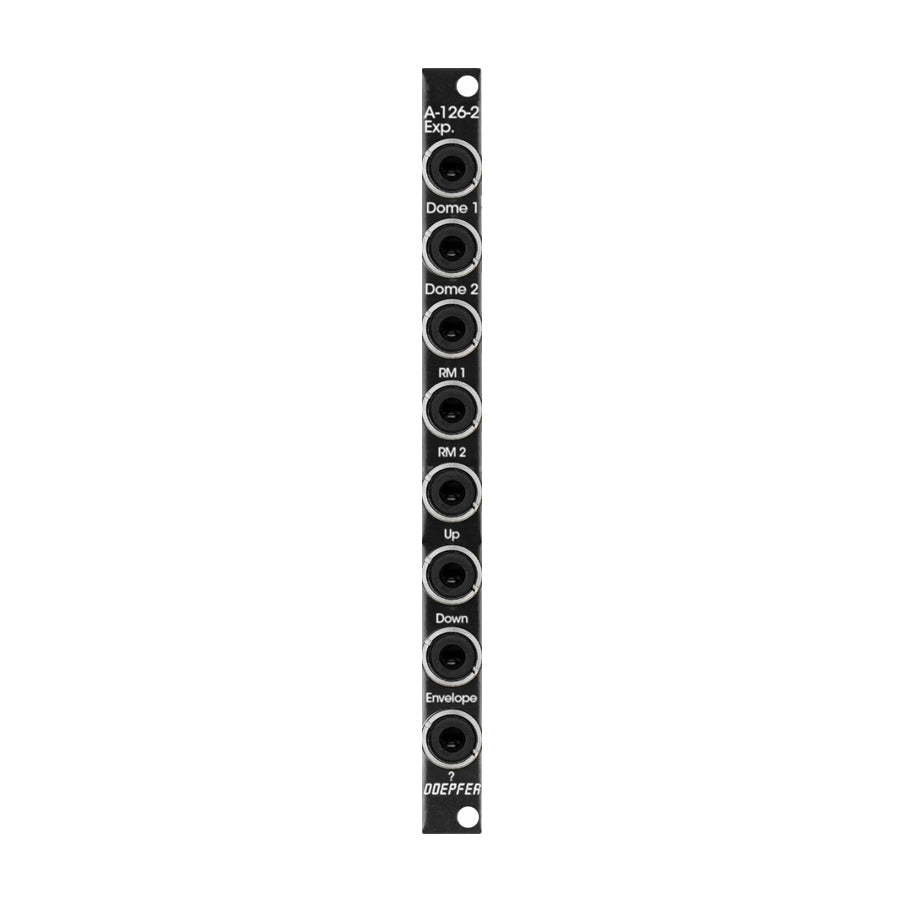 Slim black eurorack panel with eight 3.5mm audio input/output jacks labeled A-126-2 Expander and Doepfer at bottom.