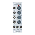 Front panel of a silver eurorack module with rotary knobs and jack sockets labeled for panning and audio inputs/outputs.