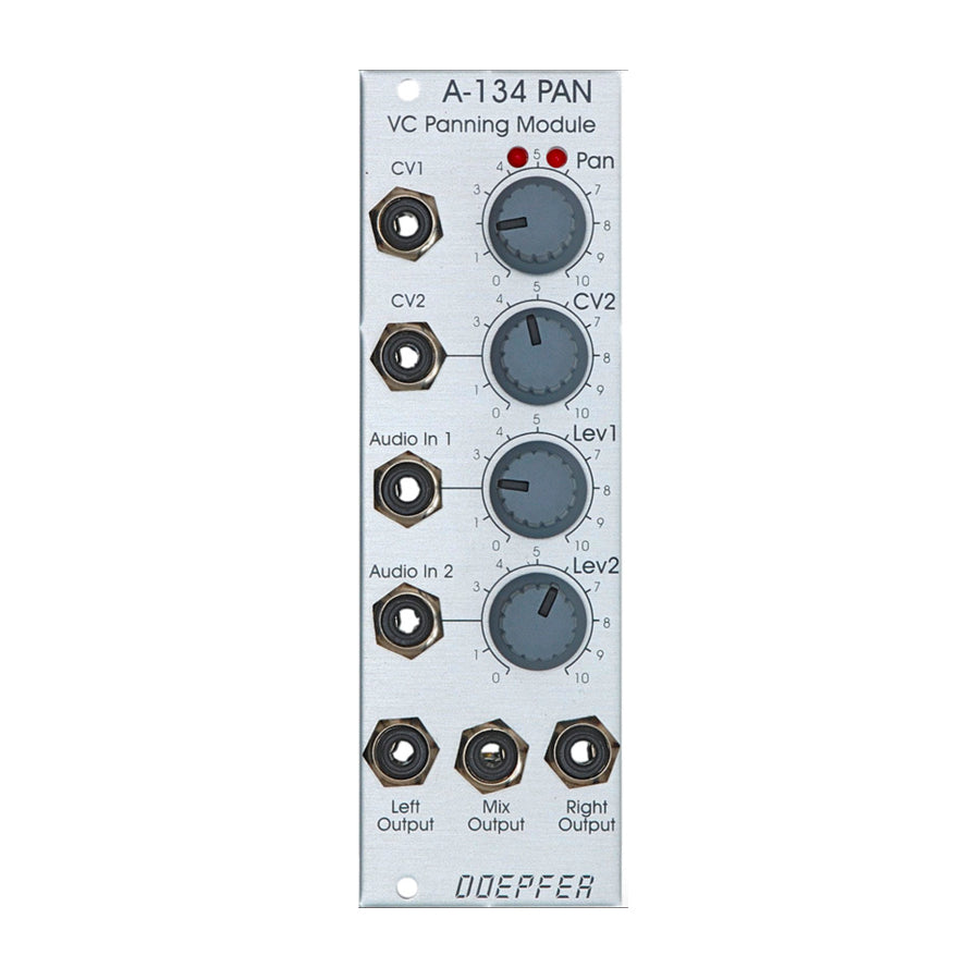 Front panel of a silver eurorack module with rotary knobs and jack sockets labeled for panning and audio inputs/outputs.