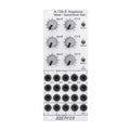 Silver eurorack module with knobs, toggle switches, and multiple 3.5mm jacks labeled for audio and CV inputs and outputs.