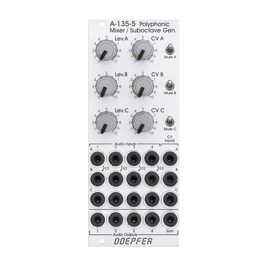 Silver eurorack module with knobs, toggle switches, and multiple 3.5mm jacks labeled for audio and CV inputs and outputs.