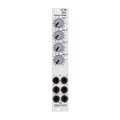 Silver narrow mixer eurorack module with four gray rotary knobs and six black audio jacks in two columns.