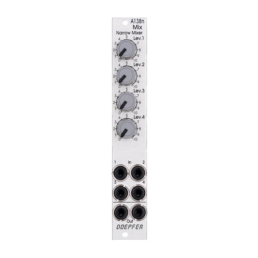 Silver narrow mixer eurorack module with four gray rotary knobs and six black audio jacks in two columns.