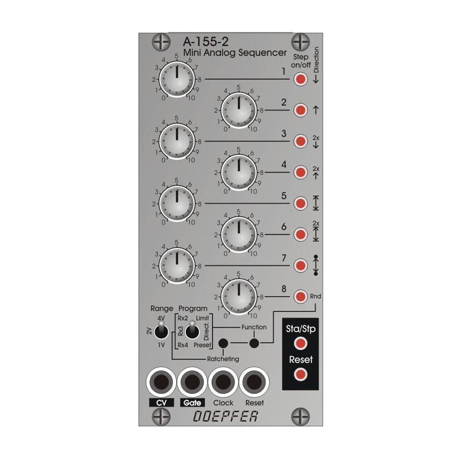 Gray Doepfer A-155-2 Mini Analog Sequencer panel with knobs, buttons, toggle switch, and jack connectors.