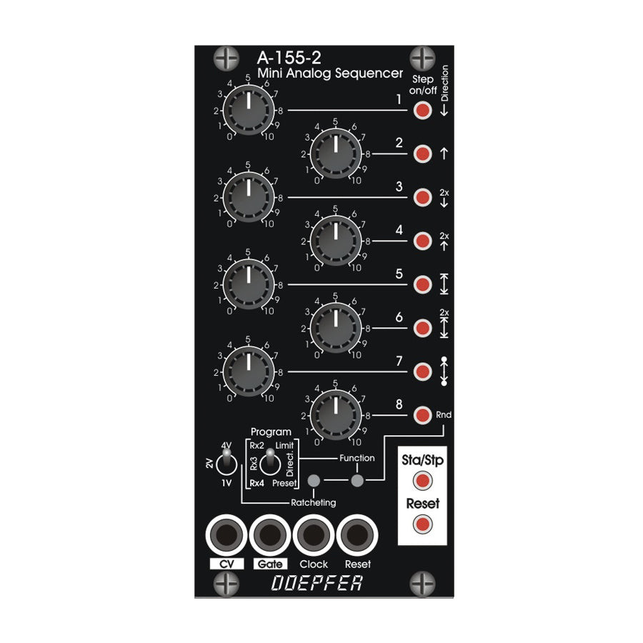 Front panel of a black electronic mini analog sequencer with knobs, buttons, switches, and labeled connectors.