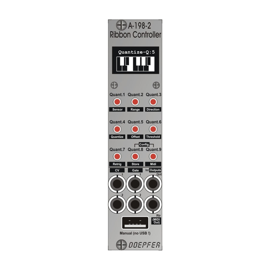 Front view of a Doepfer A-198-2 Ribbon Controller eurorack module with buttons, jacks, and a display screen.