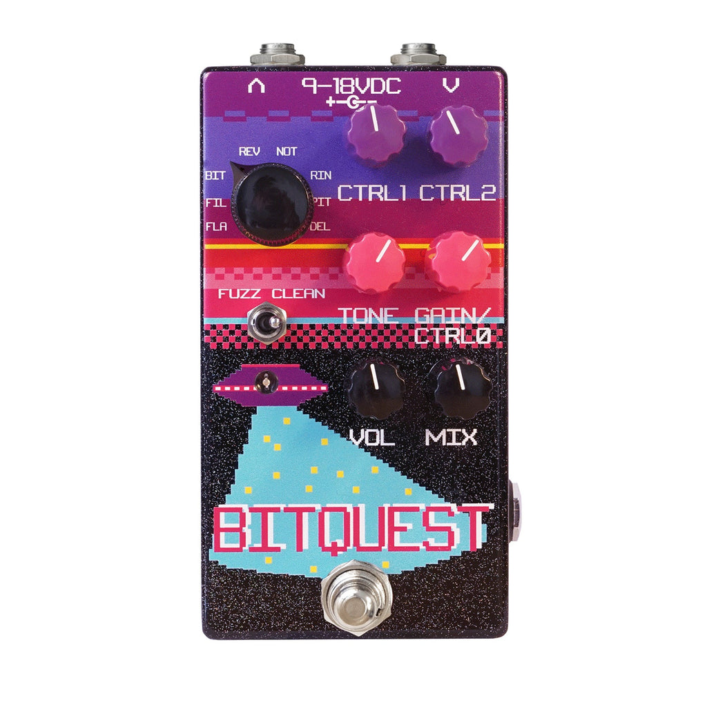 Rectangular guitar effects pedal with colorful pixel art UFO design and multiple knobs, toggle switch, and footswitch.