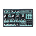 Top view of Dreadbox Erebus analog synthesizer with knobs, patch bay, and switches.