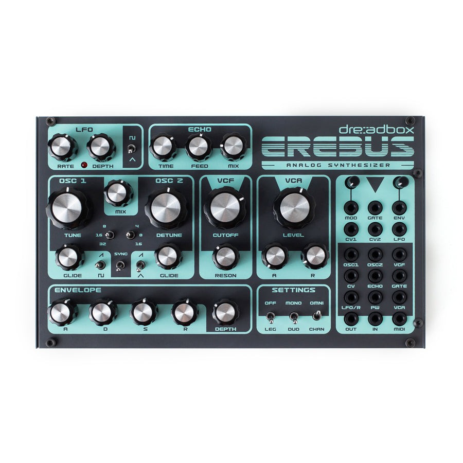 Top view of Dreadbox Erebus analog synthesizer with knobs, patch bay, and switches.