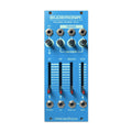 Blue eurorack module with knobs, sliders, and audio jacks labeled for filter, mixer, and VCA functions.