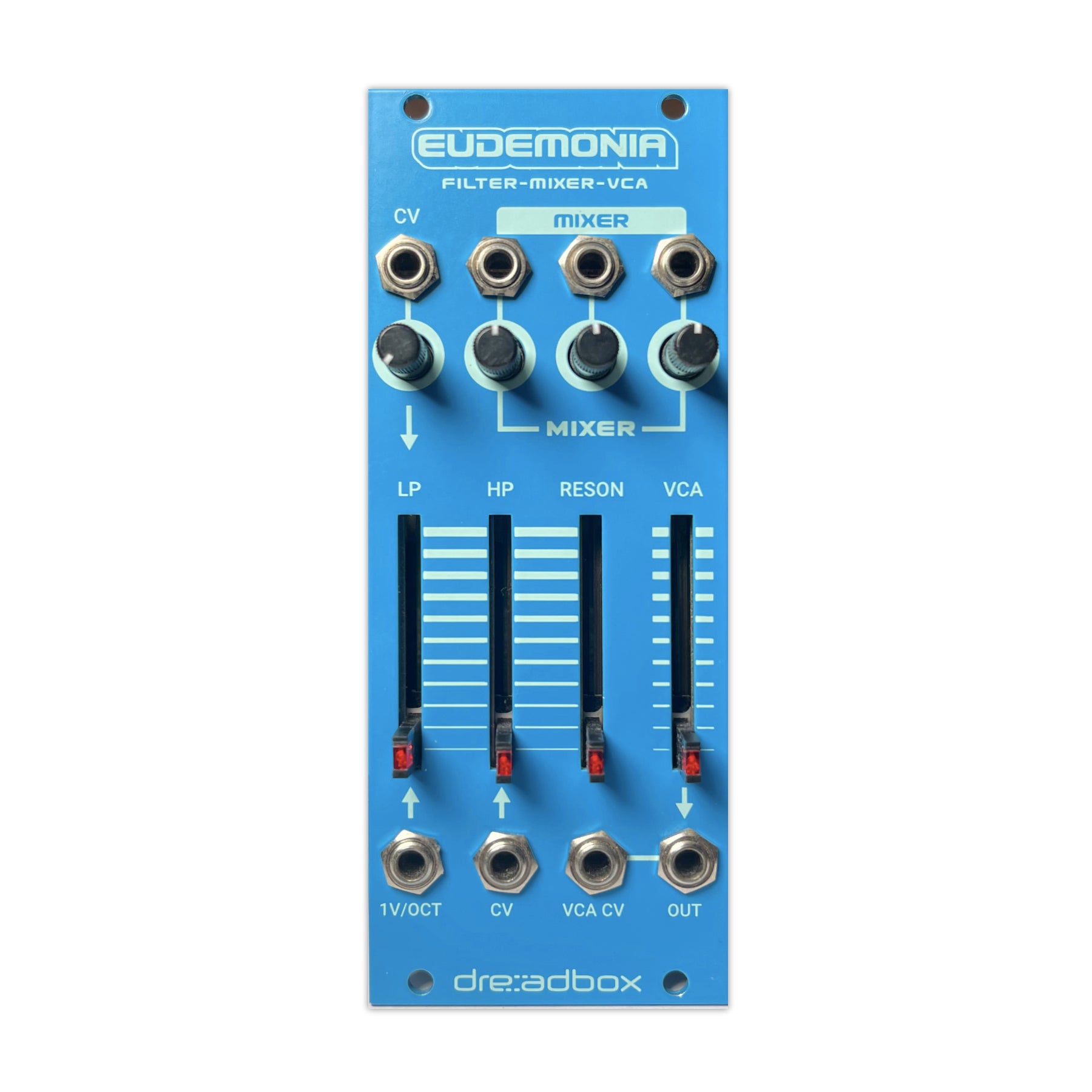 Blue eurorack module with knobs, sliders, and audio jacks labeled for filter, mixer, and VCA functions.