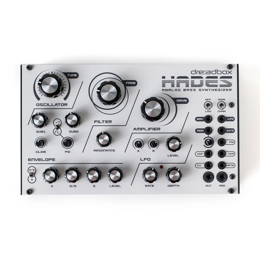 Top view of a Dreadbox Hades analog bass synthesizer with multiple knobs, switches, and patch connectors.