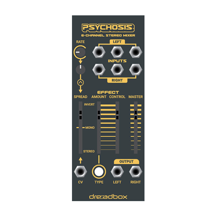Front panel of a black Dreadbox Psychosis 6-channel stereo mixer eurorack module with knobs, sliders, and multiple audio jacks.