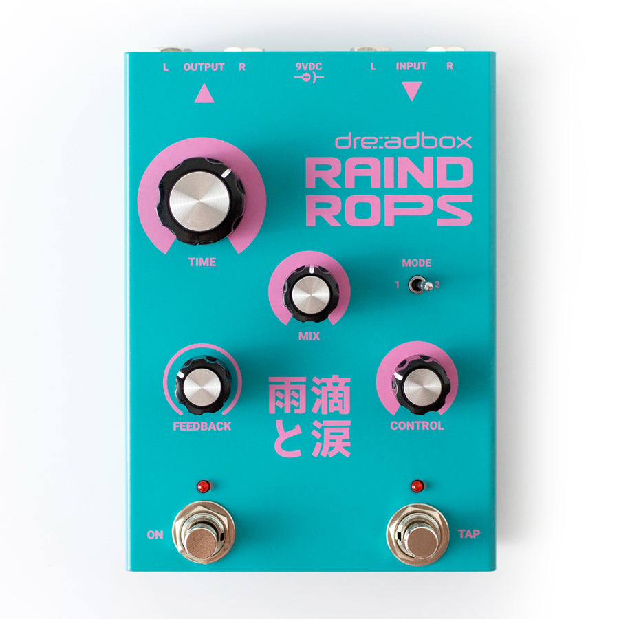 A turquoise and pink guitar effect pedal with multiple knobs, two footswitches, and audio input/output jacks.