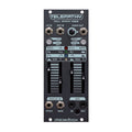 Front view of a Dreadbox Telepathy eurorack module with sliders, buttons, and various audio and MIDI jacks.