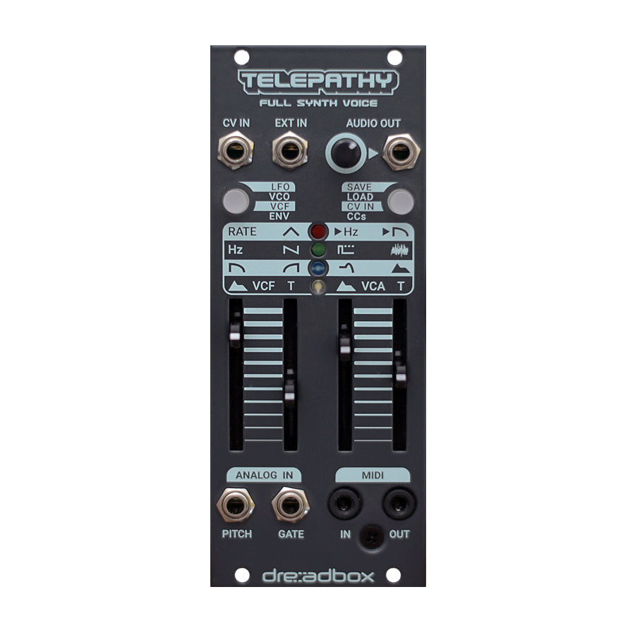 Front view of a Dreadbox Telepathy eurorack module with sliders, buttons, and various audio and MIDI jacks.