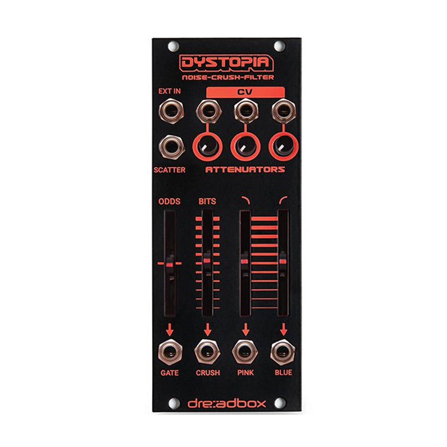 Black eurorack module with red labeling, sliders, knobs, and multiple 1/8 inch audio jacks labeled with noise and filter functions.