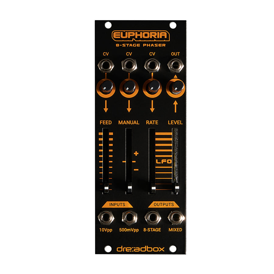 Black eurorack module with orange text labeled Euphoria 8-Stage Phaser featuring multiple knobs, sliders, and 3.5mm jacks.
