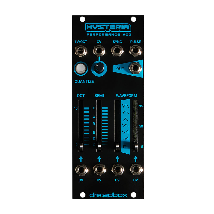 Black euro rack modular synthesizer module with blue text, sliders, jacks, knob, and a button labeled Hysteria Performance VCO.