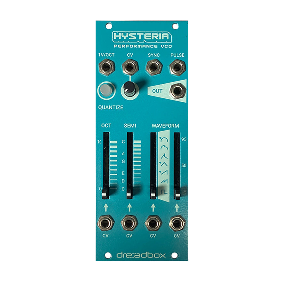 Teal Dreadbox Hysteria eurorack module with eight jack connectors, four sliders, one knob, and one button labeled for VCO controls.