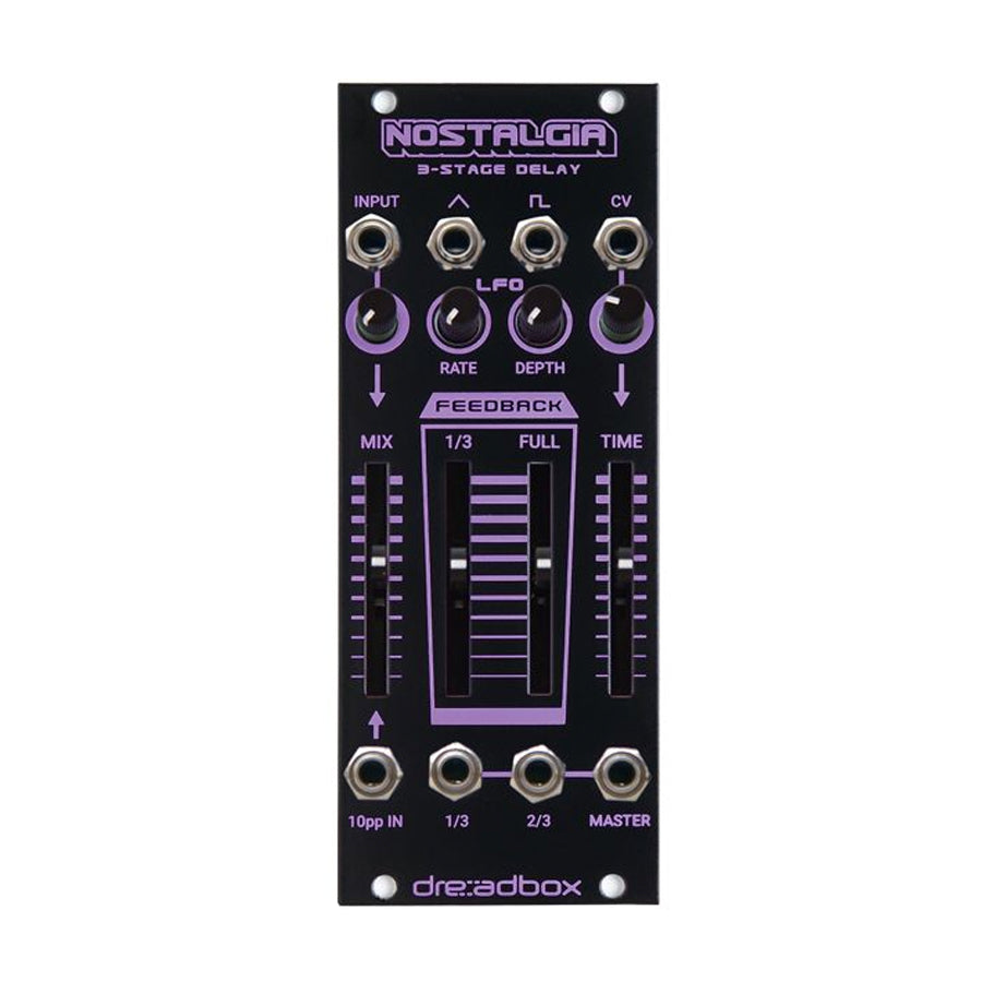 Black Eurorack module with purple and white labeling featuring knobs, sliders, and jack inputs and outputs.