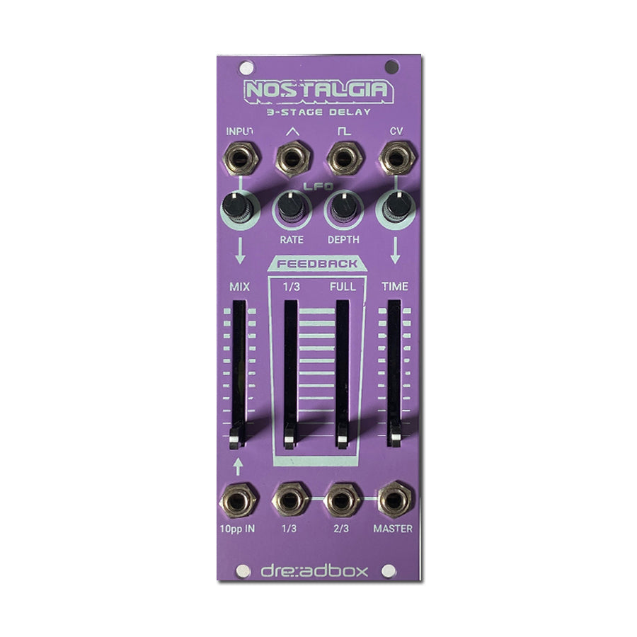 Purple eurorack module with three knobs, three sliders, and eight 3.5mm jacks labeled for delay control.