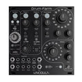 Black drum machine module with various knobs, switches, jacks, and buttons labeled for sampler, players, drum synth, and effects.