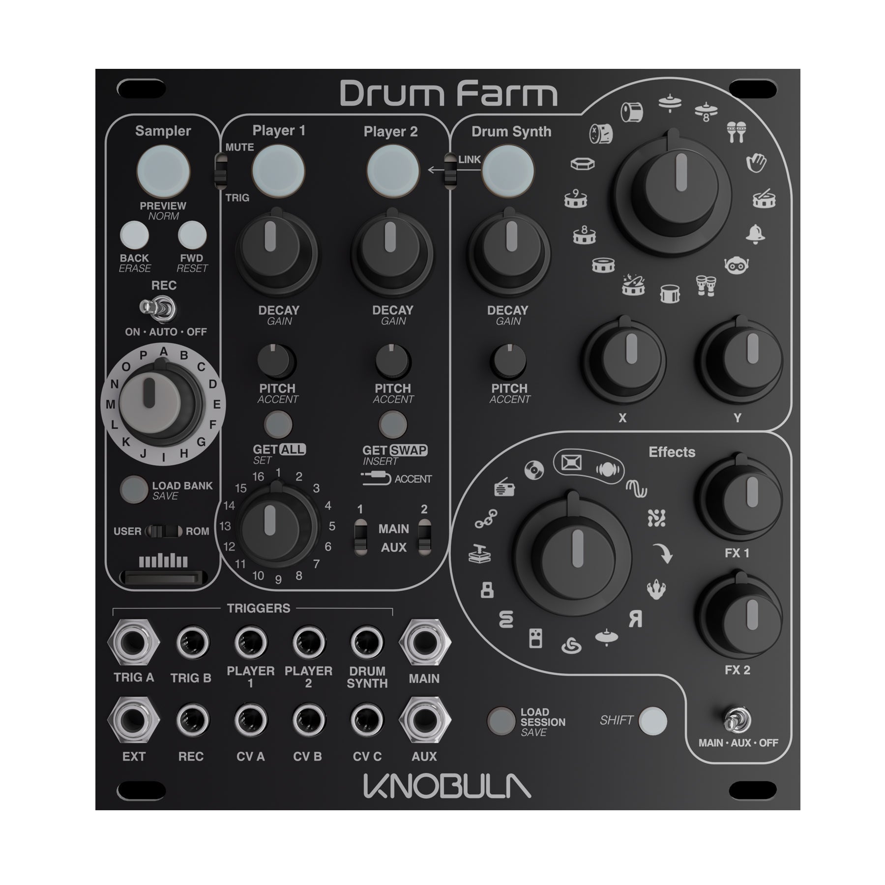 Black drum machine module with various knobs, switches, jacks, and buttons labeled for sampler, players, drum synth, and effects.