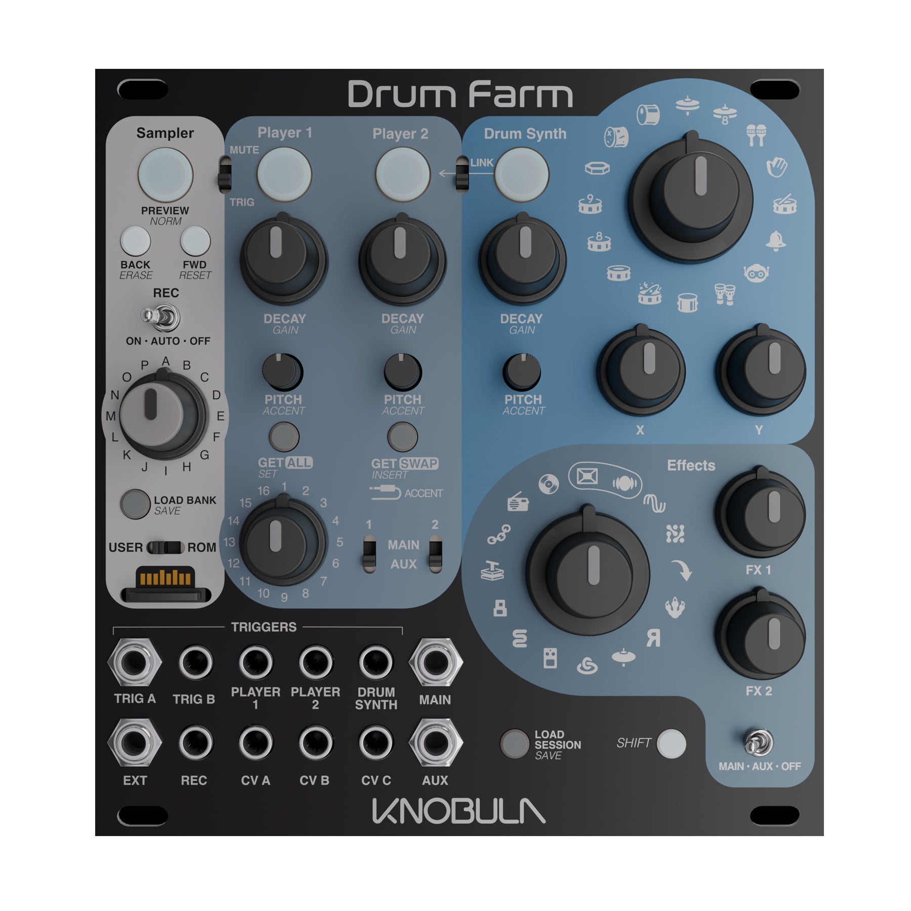 Front panel of a Knobula Drum Farm with knobs, switches, and multiple audio and CV jacks visible.