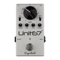 Silver guitar effects pedal with knobs, toggle switches, and footswitch labeled Unit67 by DryBell.