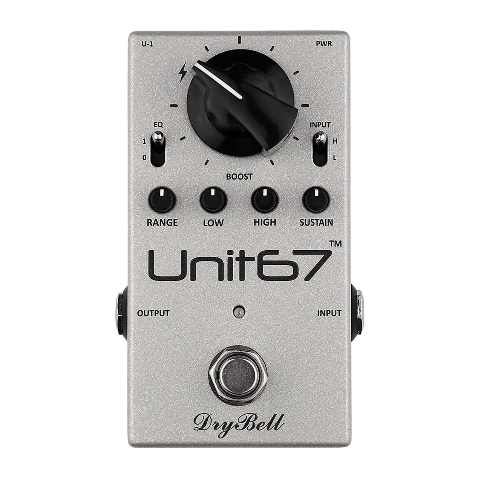 Silver guitar effects pedal with knobs, toggle switches, and footswitch labeled Unit67 by DryBell.