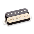 Zebra-colored Seymour Duncan humbucker guitar pickup with black and cream bobbins and visible pole pieces and screws.