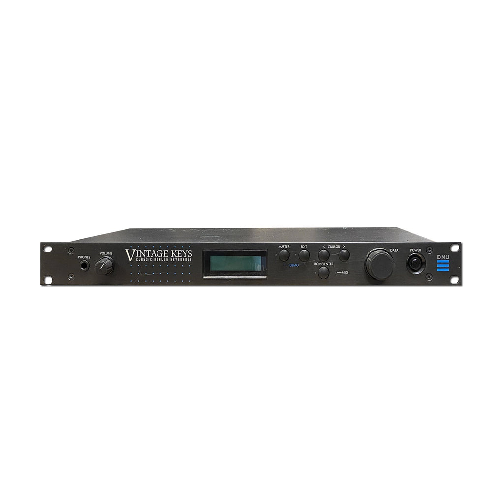 Front panel of a black E-MU Vintage Keys rack-mount synthesizer module with display, knobs, buttons, and headphone jack