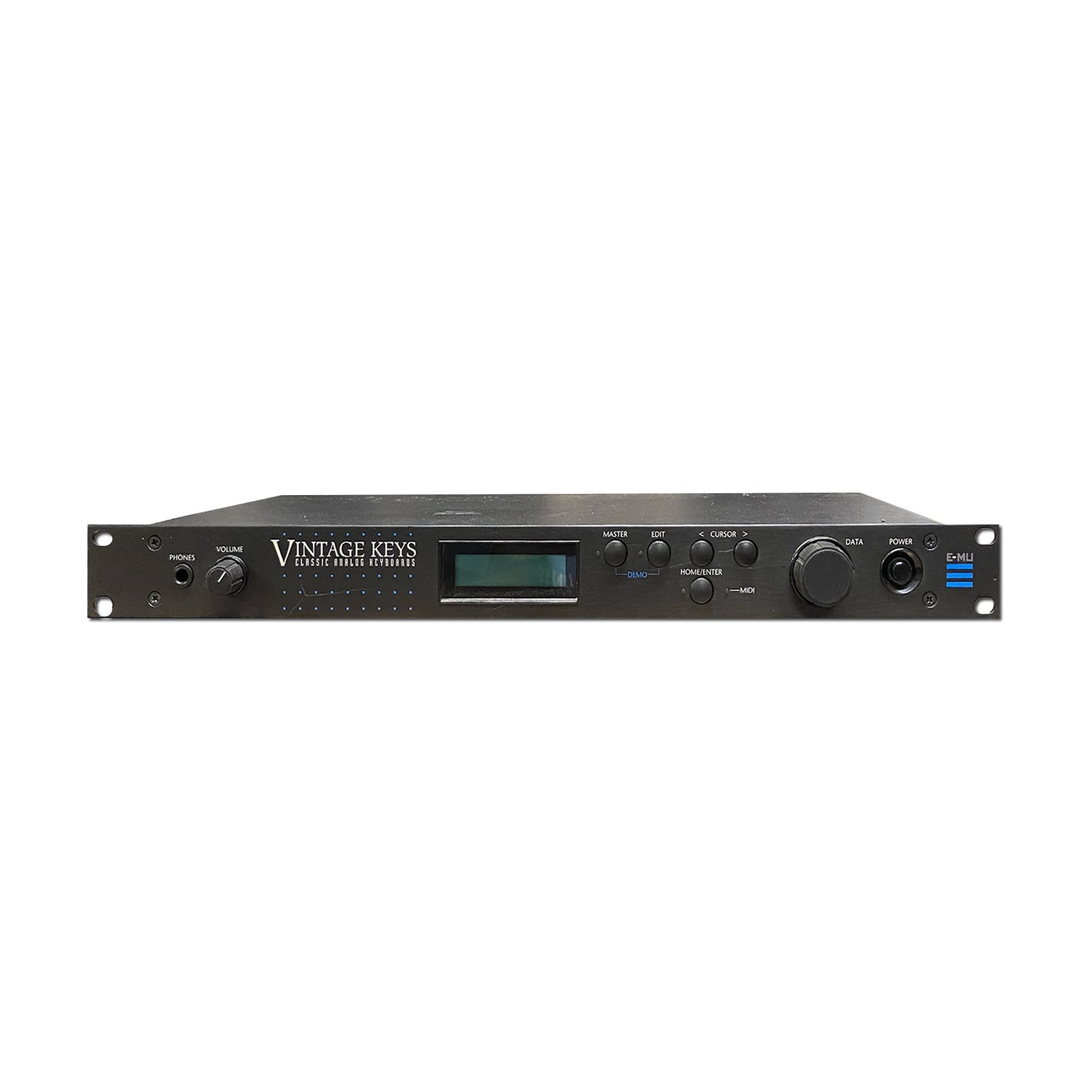 Front panel of a black E-MU Vintage Keys rack-mount synthesizer module with display, knobs, buttons, and headphone jack