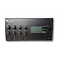 Black electronic device with multiple rotary knobs, buttons, a display screen, and navigation controls on front panel.