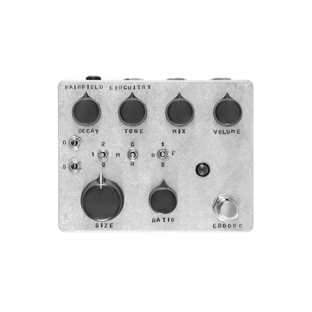 Silver guitar effects pedal with multiple knobs, toggle switches, and a footswitch labeled Fairfield Circuitry.