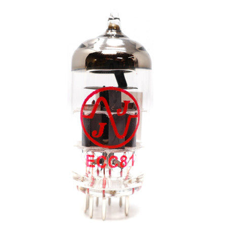 Clear glass vacuum tube with metal top and JJ logo printed in red including model ECC81 on the base.