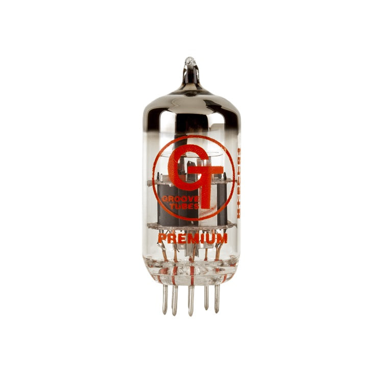 Clear glass vacuum tube with metal pins and red GT Groove Tubes branding.
