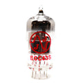 Clear glass vacuum tube with metal elements inside, labeled ECC83S with red logo and text.